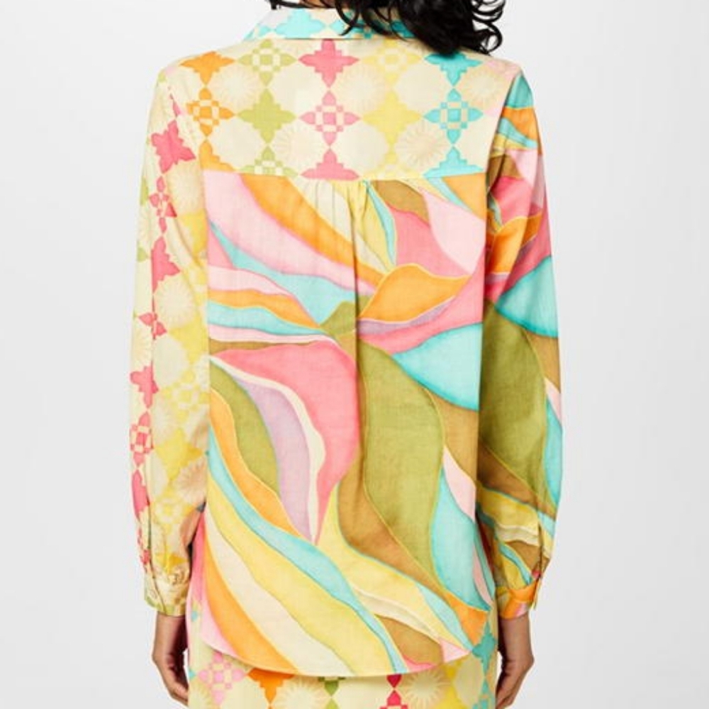 NEVER FULLY DRESSED 'Miley" Button Up Cotton Shirt Multi Pastel Abstract 16 - Picture 4 of 7